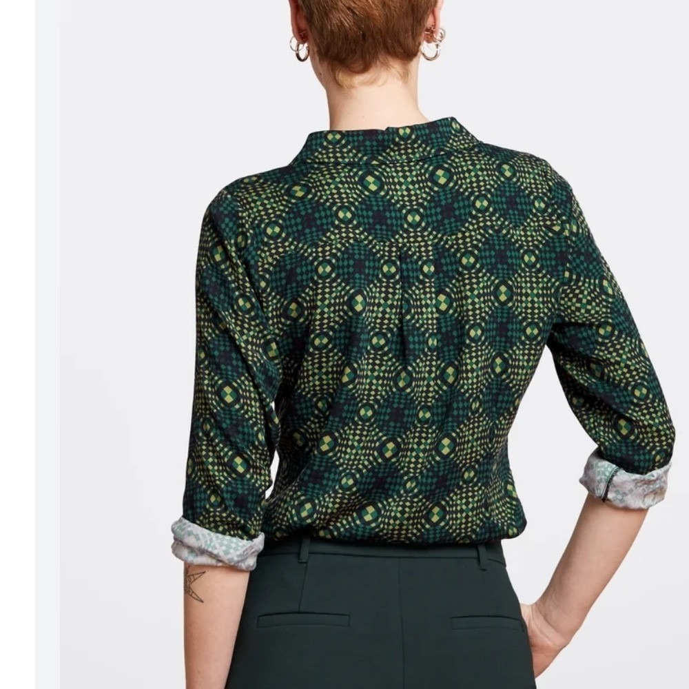King Louie Green Geometric‎ Optical Print Ecovero Viscose Blouse Size 40 Womens - Picture 3 of 8